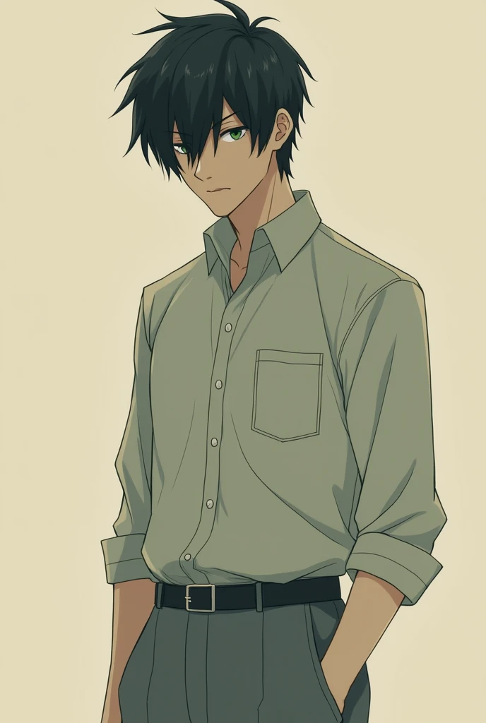  anime , Downcast eyes,  green eyes,  Left blinded man, Beige  ,gray pants