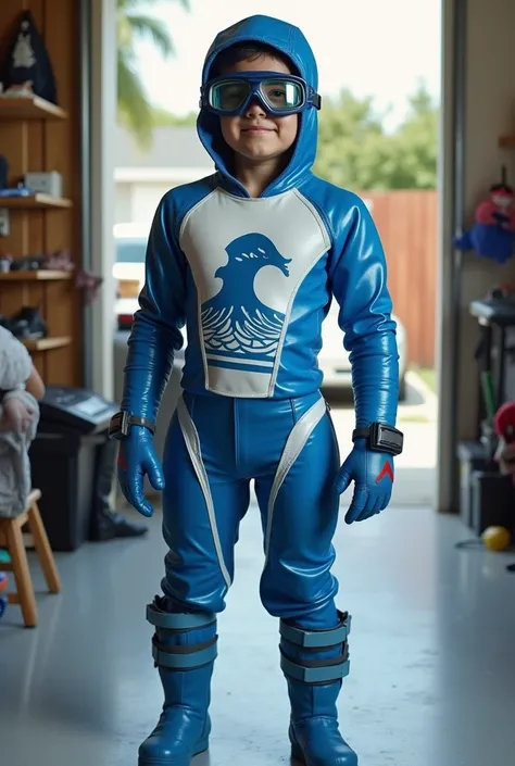 "Homemade superhero costume, sleek and stylish design, blue and white color scheme, repurposed materials, plastic water tubes on arms and legs, neatly stitched shirt and pants, wave symbol hand-painted on chest, goggles made from swimming gear, gloves and ...