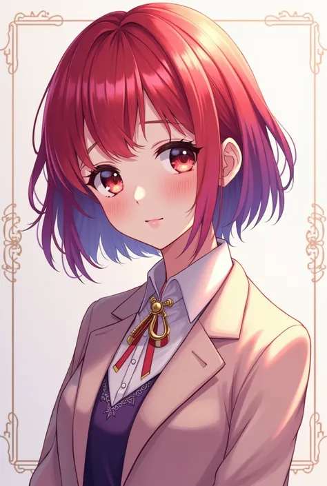 Anime teen girl age 14 short haired red purple in elegant and neat clothes