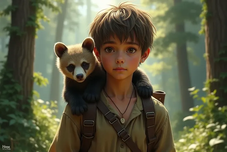 A 14-year-old  in a forest, wearing old clothes, carrying a cub on his shoulder, looking bravely