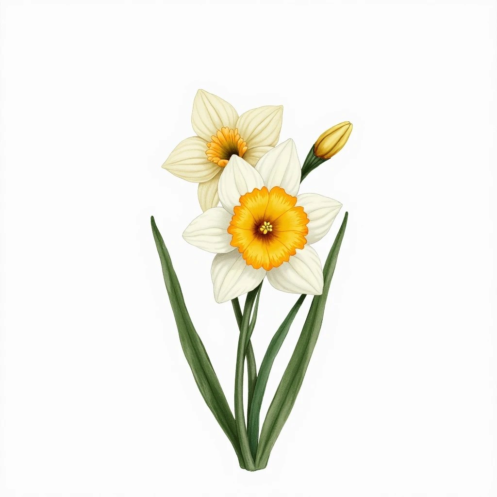 Create a single vintage-style illustration of narcissus flowers. The design should feature white petals with vibrant yellow centers, surrounded by long green leaves. Use a soft watercolor effect and place the flower on a clean white background for a timele...