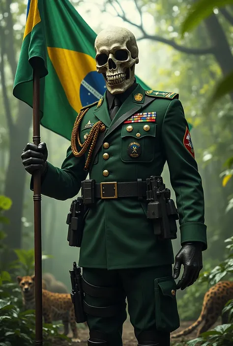  Military uniform holding the Brazilian flag and with the head of a killer skull , Him being in the jungle with wild animals in the background  