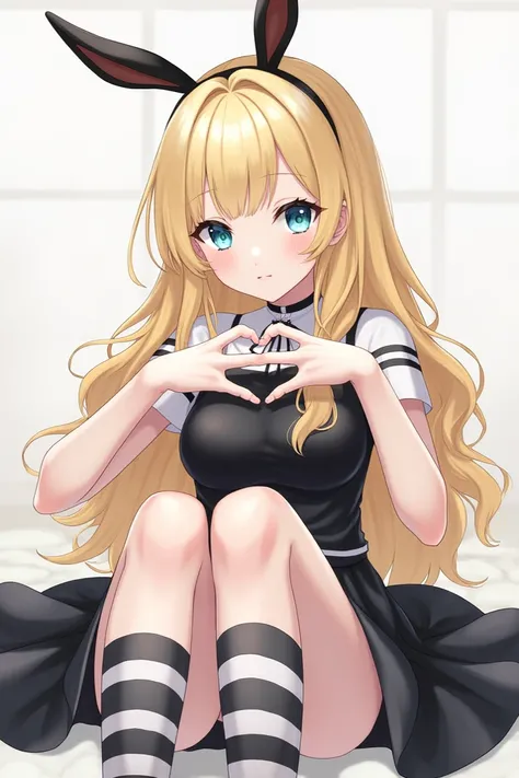 Blonde girl with long wazy hair blue eyes black top black skirt with black and white socks black and white bunny ears and she is using her fingers to make a heart