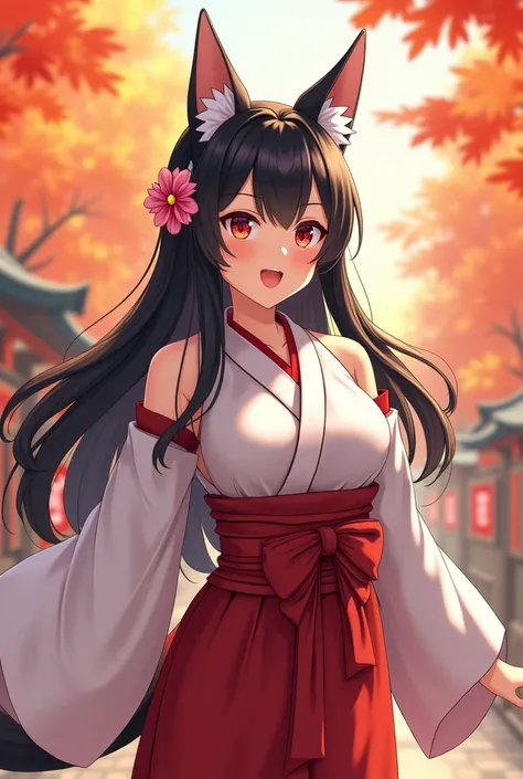  better quality , ( masterpiece :1.35),  wallpaper , ( illustration), original, (depth of field), (1 girl:1.35), (Alone),  full body, dynamic,  detailed face, mature woman , adult, (old:1.3),  medium breasts , fun, happy,Miko Clothing, flower ornament, abs...