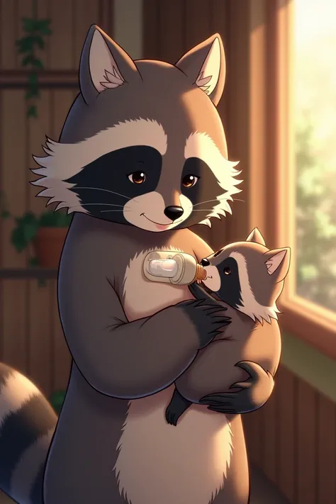 Raccoon woman with baby raccoon in her arms giving her a bottle in anime