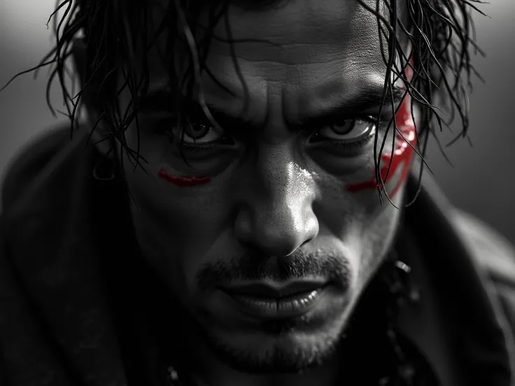 A close-up of a hunter, face steeled with determination, as he prepares to launch an attack. The black and white imagery emphasizes the grit and resolve in his features. A haunting yet thrilling black-and-white film noir style with red accents, centered ar...