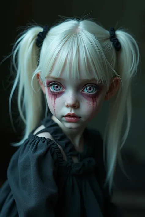 An albino girl in the style of Tim Burtan, big pink eyes, bruises under the eyes, pale skin, 2 ponytails. Realistic photo. rens room. Darkness. 