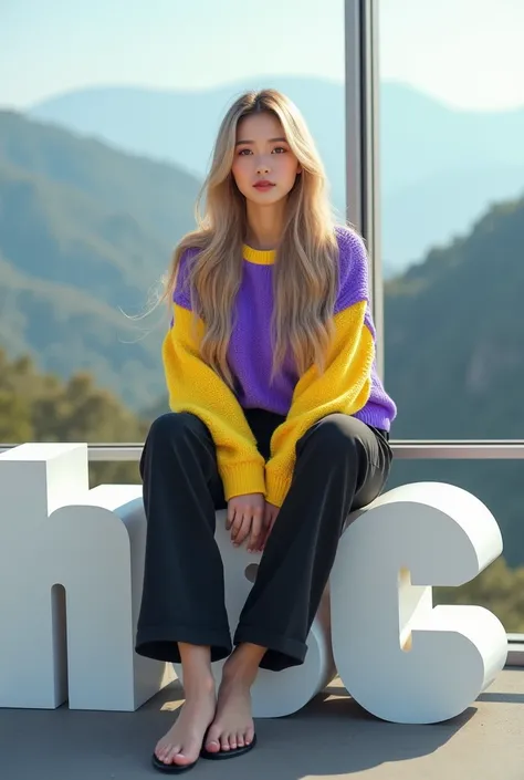 a beautiful koreab woman aged 28 ,blonde long hair ,wearing cool sweater purple mix yellow,black long trousser ,looking camera and sitting on a 3d white text block that says "HSC". background view from the hill