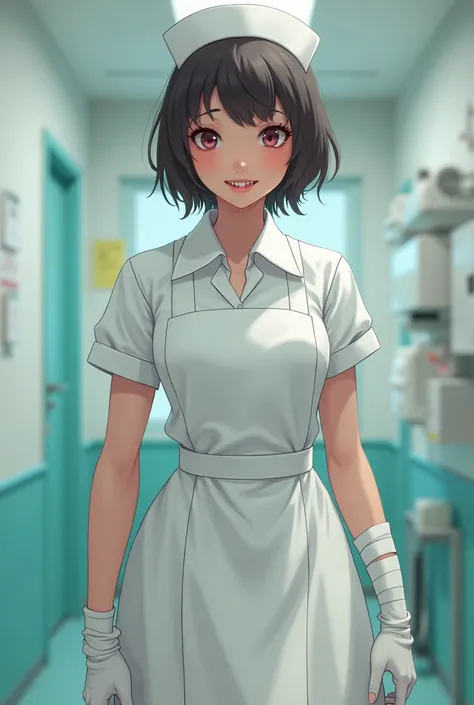 , smail,sk1, white gloves, white apron, short sleeves, nurse, bandaged arm, wrist cuffs, white dress, fangs