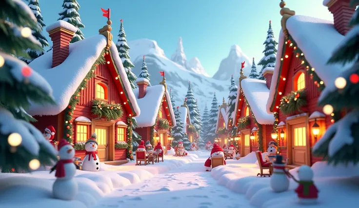 (in cinematic 3D cartoon style) a very colorful Christmas outdoor villiage scene. Snow, fir trees, houses decorated for chriatmas.