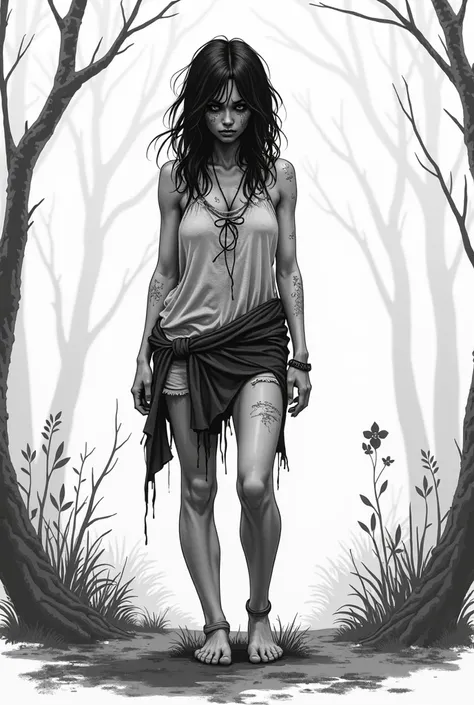  in the style of 2D comics in black and white make a beautiful barefoot MILF woman with some scratches on her body, The clothes torn by the forest and dirty with mud ,  disheveled hair and sad and empty eyes 