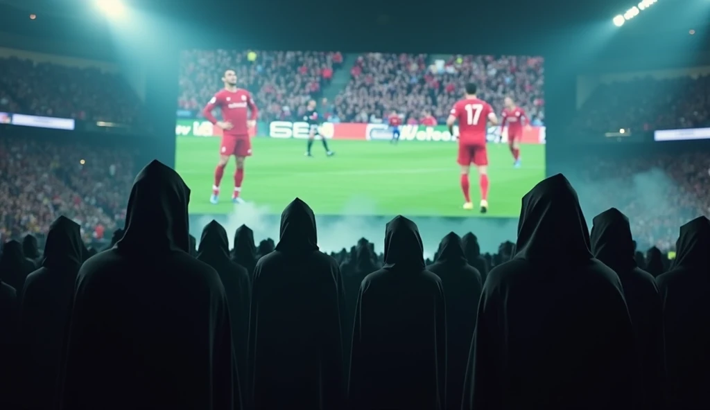 A dramatic scene of a global crowd watching Ronaldo’s match on giant screens in various countries. Among the crowd, mysterious figures in black cloaks observe with enigmatic smiles, hinting at a larger scheme