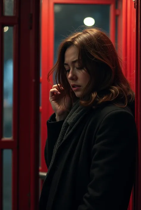 Christmas Night, A woman is leaning powerlessly against a wall in a red telephone booth and bowing her head with an upset expression on the phone, Focus on a woman 