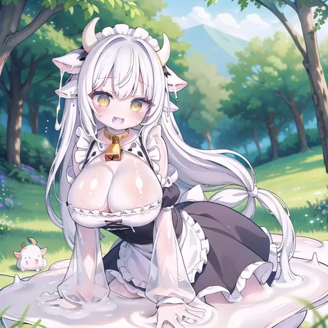 Cute slime girl, ((white Slime)), Large breasts, Cow ears, Amber Eyes, cute fangs, Upper Teeth, Large breasts, maid clothes, (white skin:1.3), cute face, close-up, Upright , big breasts, whole body, Floating hearts, cow horns, neck bell, In the meadow, mil...