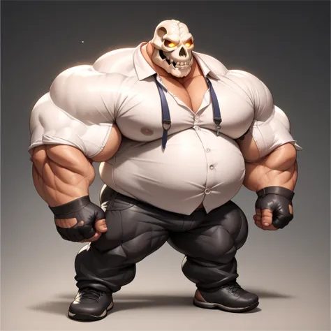 a big giant man with musclegut tall body and big fat belly using a white shirt, black pants, black gloves, and skull mask cover the face. full body, standing still, solo, very big body, very tall, very muscular, very fat, big gut, glowing eyes.