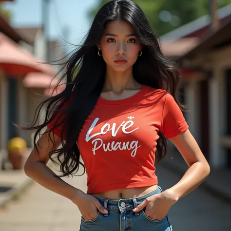 Women are looking straight at the audience., Various action poses,  Glazed Tile Skin , , strong abdominal muscles , Glowing Skin ,  fine eyes ,  has a chest size of 36 inches , She wore a bright dark,สีชมพูเข้ม, tight t-shirt with , With a  "Love Buta Puan...