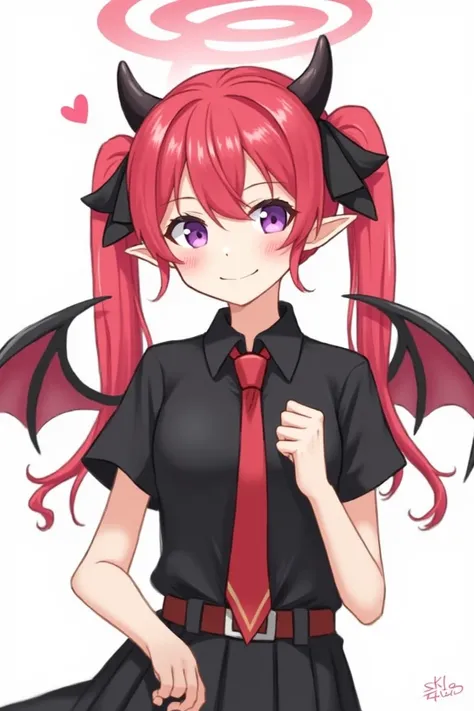 1girl, :3, bangs, belt, black ribbon, black shirt, blush, closed mouth, collared shirt, demon horns, demon wings, hair between eyes, hair ribbon, halo, horns, long hair, looking at viewer, low wings, necktie, pointy ears, purple eyes, red hair, red necktie...