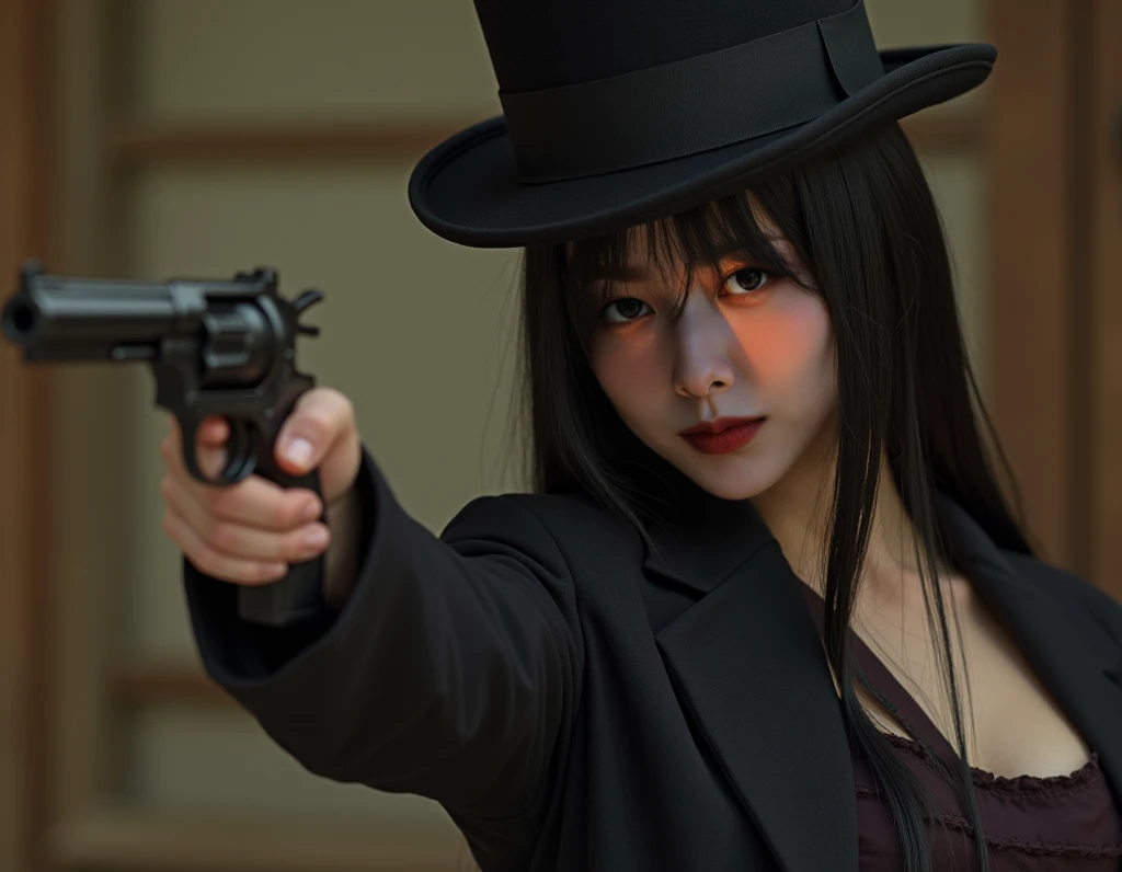 live-action、 Japanese woman with a viewing angle of、 straight, long black hair 、細身の体、 classic suit from the 19th century that fits、 uses a 19th century pistol 、More callous and unemotional 、 wears a top hat 、、Slim body、 big boobs