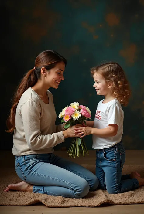 ((Meilleure qualité))), ((Un chef-dœuvre))), (Détail précis), Un jeune enfant en jean offre à sa mère un bouquet de fleurs, alors quelle est assise à genoux, portant un jean et un T-shirt avec le mot « Jaime le Maroc » dessus. Limage ressemble à un tableau...