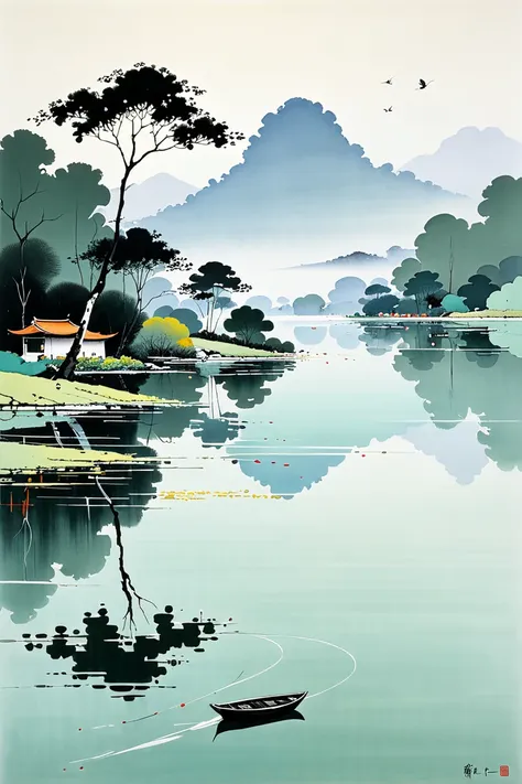 Tranquil Lake, Minimalism. by Wu Guanzhong.
best quality, masterpiece, intricate details, ultra-detailed