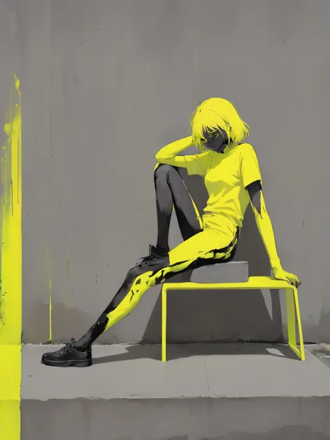 minimalism, vector, abstract, amine, girl sitting on a concrete chair and coated in neon yellow paint, closet eyes