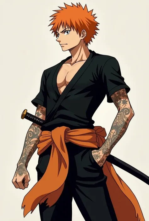  make an image from the anime One Piece with references in goal by Roger and Shanks,  do it with short orange hair and a sword around your waist, Do it alone in the image and with the entire body showing,  put on a closed black shirt an orange cloth tied a...