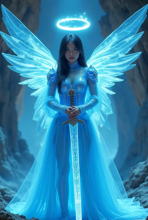 Japanese girl, 18 years old, detailed, masterpiece, beauty, glowing blue transparent futuristic armor, large angel wings, glowing halo over head, small breasts, in a futuristic cave. Holing a magic katana twohanded, runes engraved on the blade of the sword...