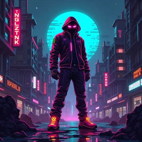 Let it be pixel drawing and phonk song suitable for album cover and in neon style and cool like cyberpunk