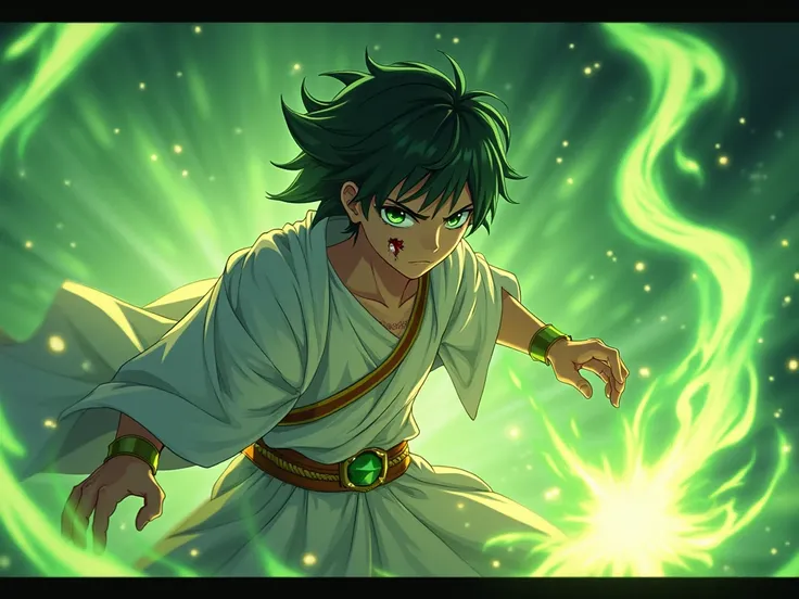  Hermes Trismegistus young adolescent type anime with green background, mostrando  sus poderes de alquimia pero more epic , more epic , being in a battle to the death and he being obviously wounded 