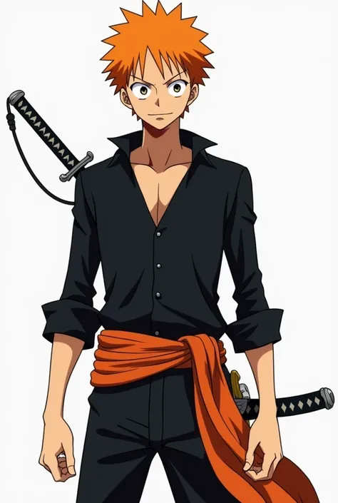  make an image from the anime One Piece with references in goal by Roger and Shanks,  do it with short orange hair and a sword around your waist, Do it alone in the image and with the entire body showing,  put on a closed black shirt an orange cloth tied a...