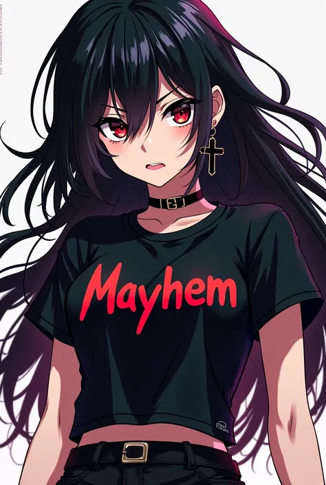  teenage girl, Gothic Black Hair, Mayhem shirt, Black Cross Earring,  black panties, anime style dash