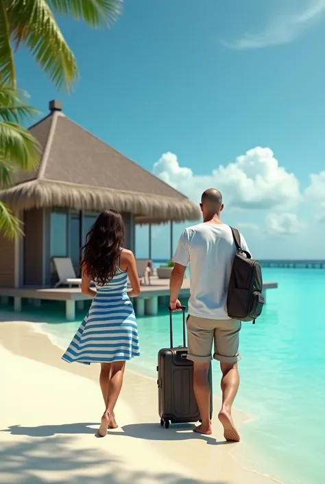 Clean shaved head & face , oval face, sharp eyes, fair, young man age 39, wearing white t-shirt, holding a trolly luggage, back pack walking towards a water bangalow in an island in maldives. His fiance is standing and waiting for him infront of a bangalow...