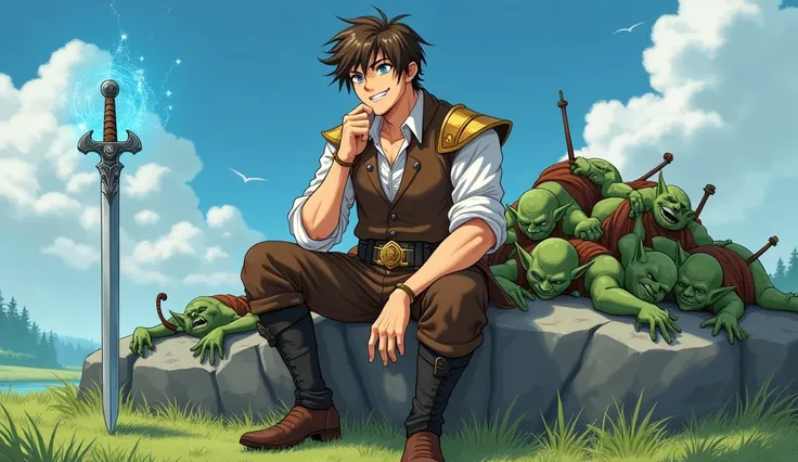 Anime style, A large, grinning young man sits on a large, voluminous gray rock. He sits with his legs crossed, one hand resting on his chin, demonstrating a thoughtful pose. Near him lies a mountain of dead green goblins, who look beaten. They are wearing ...