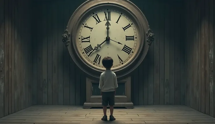 create a boy in front of a clock, the environment should be quiet and solitary, a place made of wood, the color palette should be cold 