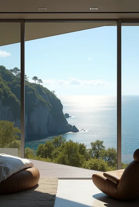 A scene where you can see the beautiful scenery of the ocean from the window of a luxurious Scandinavian villa