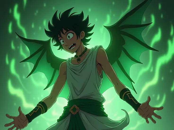  Hermes Trismegistus young adolescent type anime with green background, mostrando  sus poderes de alquimia pero more epic , more epic , being in a battle to the death and being evidently wounded and weakened