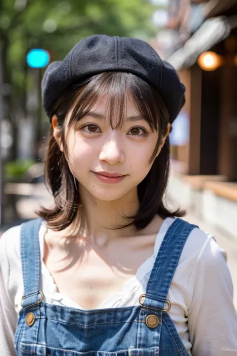 (best quality, perfect anatomy, highres, 8k, realistic, photorealistic, natural skin texture, no makeup:1.2), 1girl, solo. Japanese, age20, jp idol, (very cute), (upturned eyes:1.5), shy smile, (large breasts:1.2), perfect figure, (beige overalls), long sl...