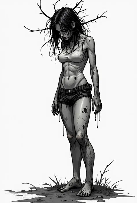  in the style of 2D comics in black and white make a woman very dirty, Barefoot with some scratches on the body , The clothes torn by the forest and dirty with mud , disheveled and dirty hair with some branches and sad-looking 