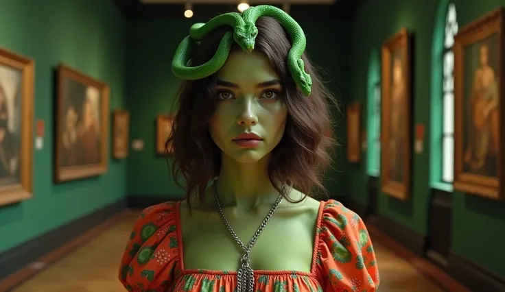 a young woman with medium-length green snake in the brown hair, with green skin with soft waves and volume,. She has large, expressive snake eyes, defined eyebrows and wears a silver chain necklace with a simple but elegant design. Wearing a floral-print d...