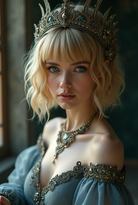 beautiful sorceress, seductive pose, alluring look, short golden hair, bobo haircut, long bangs, blue eyes, gray-blue dress, spectacular makeup, ornate headdress, charm, elegant jewelry, mystical aura, cinematic lighting, deep saturated colors, 3D renderin...