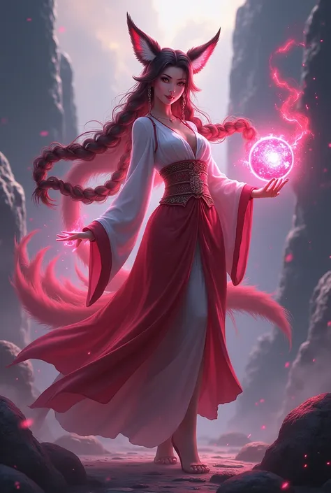 Personaje AHRI League of Legends, masterpiece, best quality, IncrsAhri, braid, fox tail, multiple tails, korean clothes, skirt, (EnergyVeins:1.4), glowing, energy, Energy ball, STANCE, evil smile,background large stones apocalyptic, AWPortraitWW 1.1, AWPor...