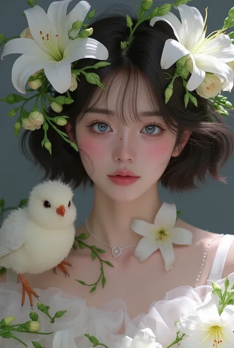 1girl, bird, black hair, blue eyes, closed mouth, eyelashes, face, flower, hair ornament, jewelry, lily (flower), lips, looking at viewer, makeup, realistic, short hair, solo, upper body, white flower