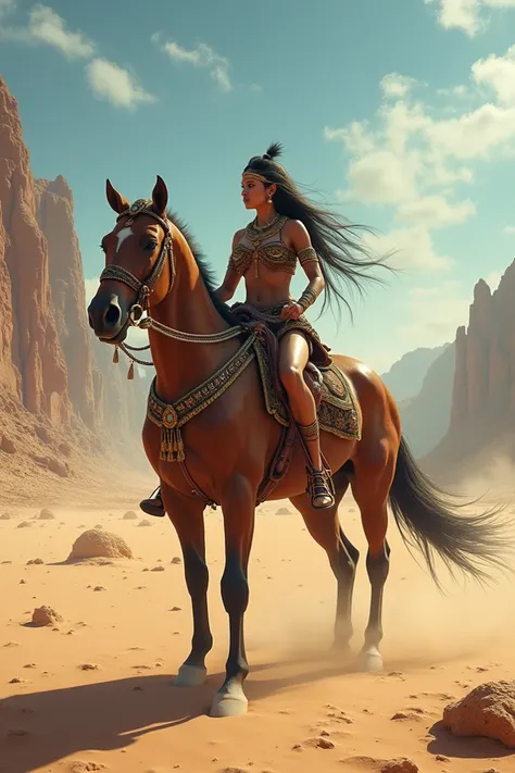 Jungle queen riding a horse in the desert 