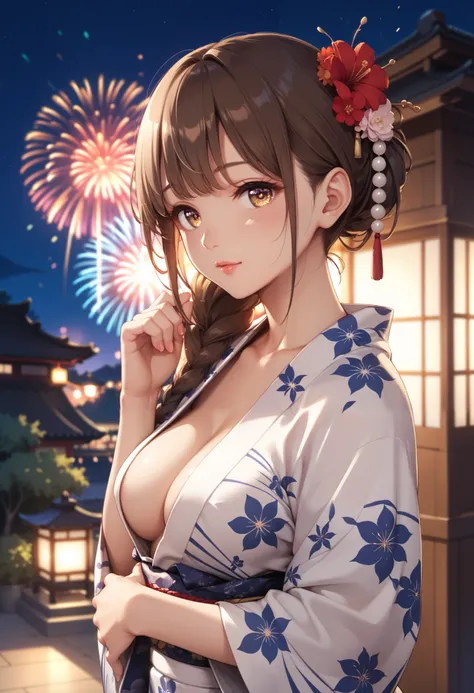 extremely detailed CG, high resolution, best quality, masterpiece, single woman, light brown eyes, (beautiful detailed eyes: 1.4), dark brown hair, medium breasts, wearing a yukata, watching the fireworks at night, Japan new year