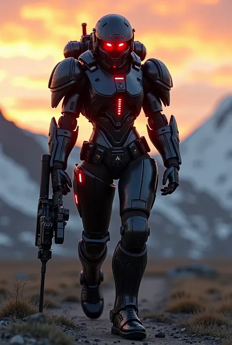 Black X-01 power armor (Fallout). Female. Glowing red lights. Holding a laser rifle. Tundra mountains. Sunset. 