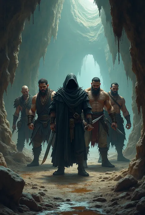 in an underground cavern, can you please make a map of group of 4 evil thugs and one evil magic user