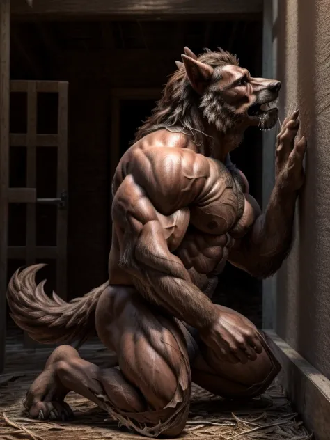 ((   This is the best quality )), (( masterpiece )), ((4K)) ((( Unique ))), Werewolf，Wolf kisses are taking shape， perfect face,  realistic details , Clear face,  exquisite facial features , Real skin glow，Shirtless ， super realistic muscles  ，  Super exqu...