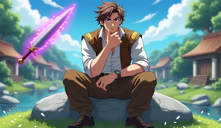 Anime style, A large, smirking young man sits on a large, voluminous gray rock. He sits with his legs crossed, one hand resting on his chin, demonstrating a thoughtful pose. He has tousled brown hair and a slightly sly expression. He smirks, demonstrating ...