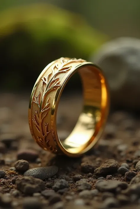 A gold ring with fine tree root details on the side of the wedding ring 