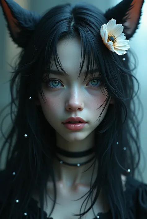 1 ,  looking at the viewer , breasts,  Open mouth,  Blue Eyes,  black hair,  animal ears , Language, Teeth,  hair flower , Language para fora,  best quality, 